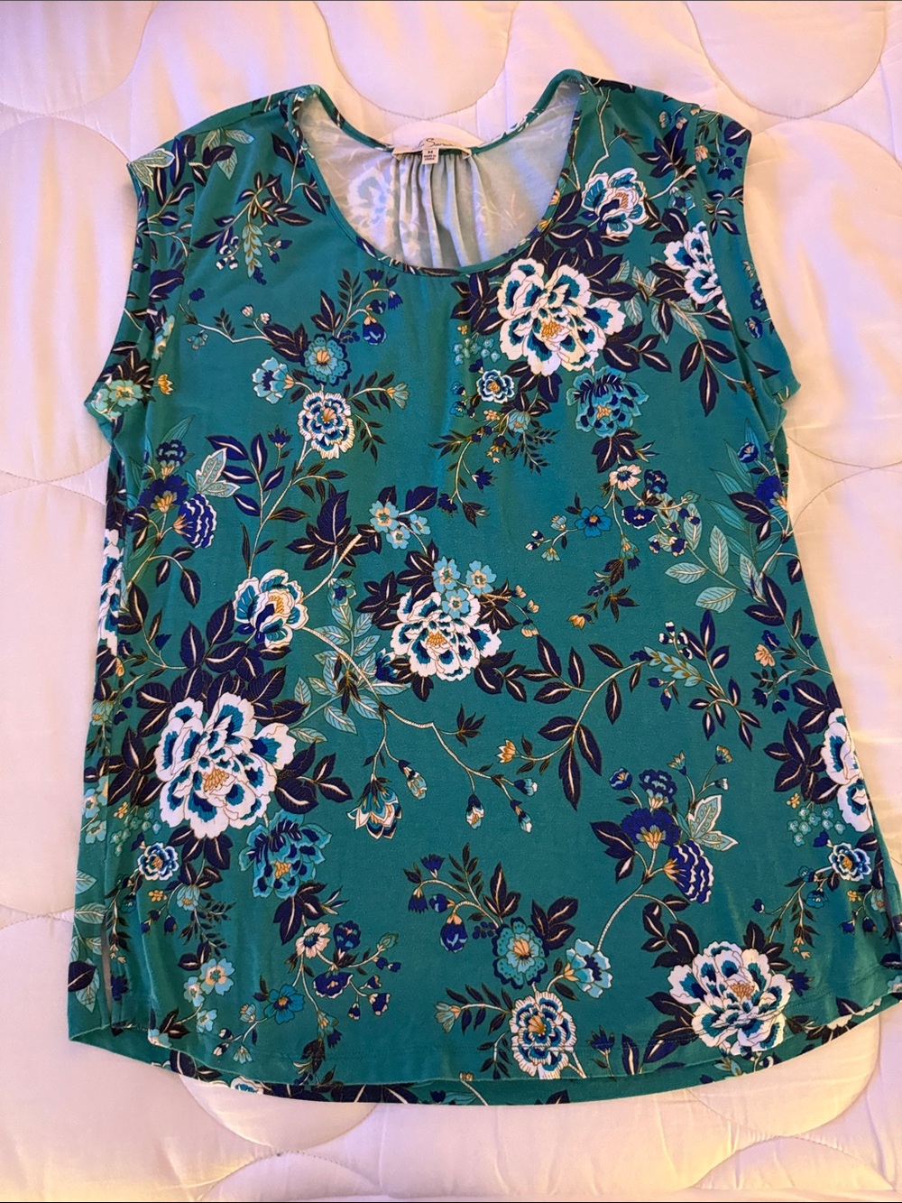 Les Serein Teal Floral Short Sleeve Blouse Top Size M